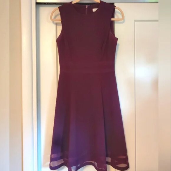 Calvin Klein Plum/Bordeaux Fit & Flare Dress Size 2 -Sheer Hem Detail never worn - Picture 3 of 5